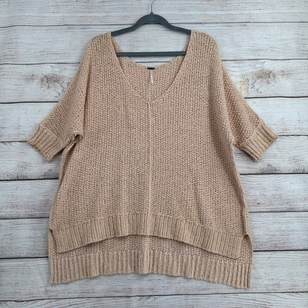 Free People Sweater Womens Small Beige Chunky Knit V-Neck High Low Short Sleeve